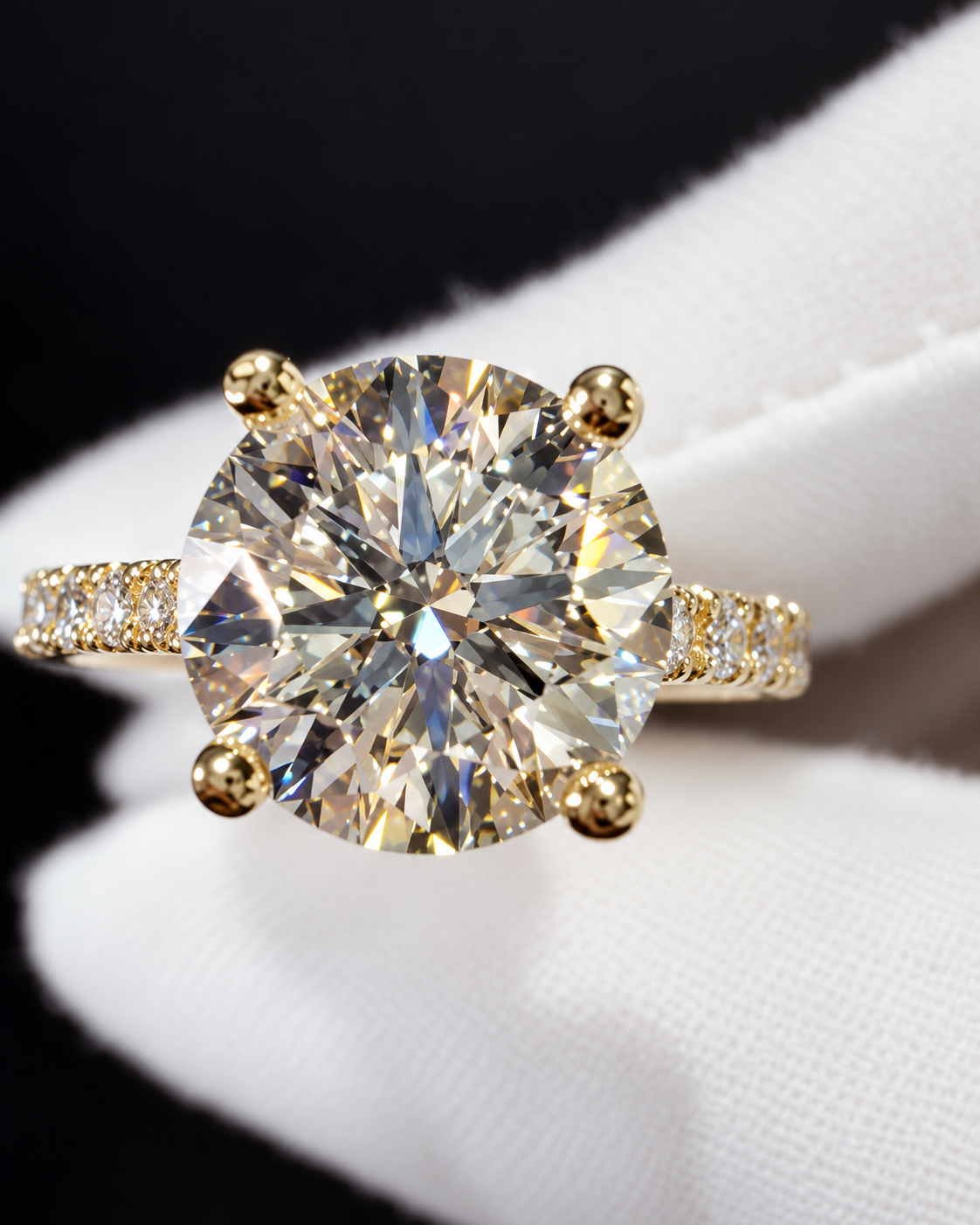 Close detail of a round diamond engagement ring in yellow gold