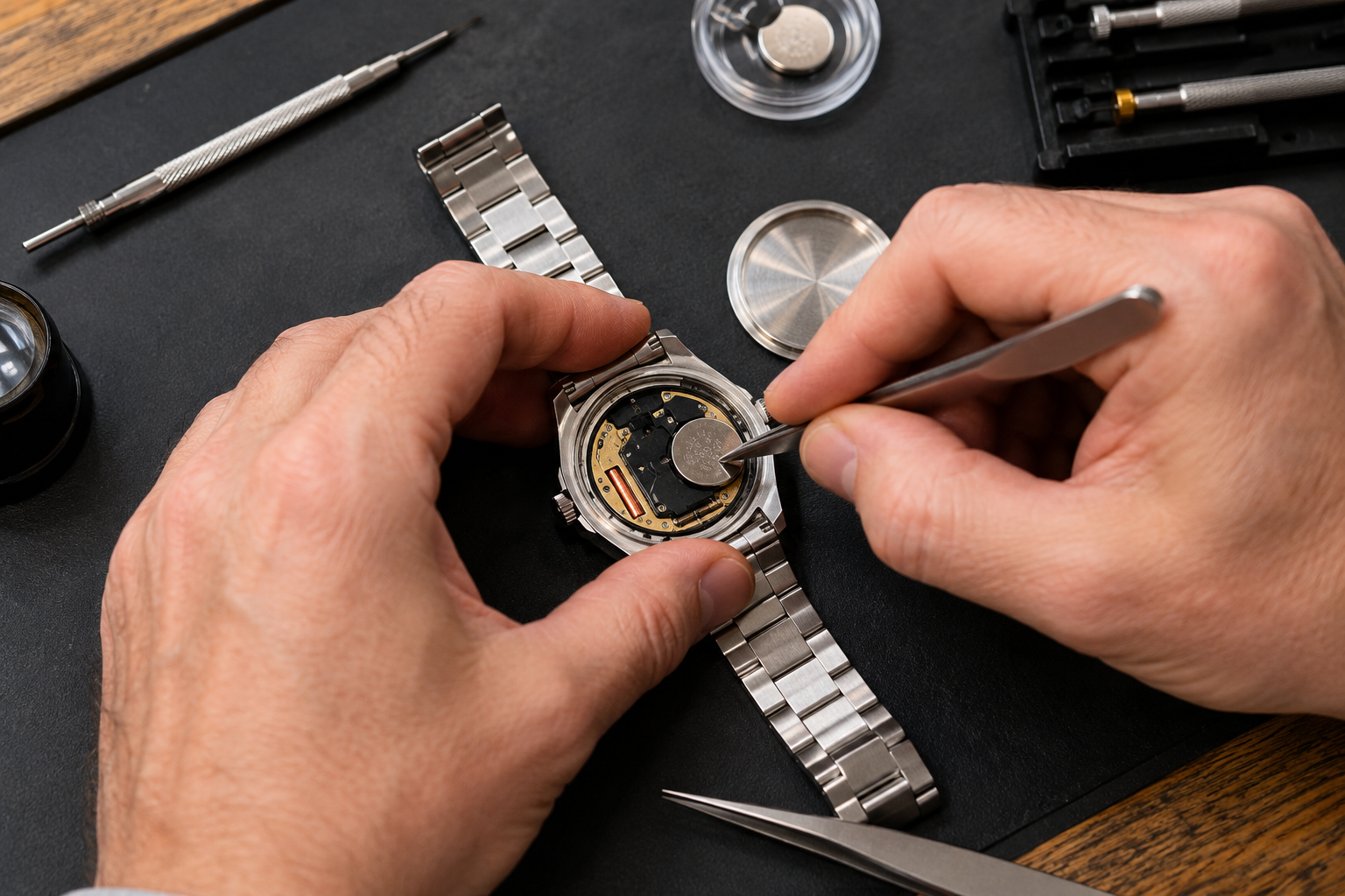 Watch battery being replaced on a jeweler's workbench