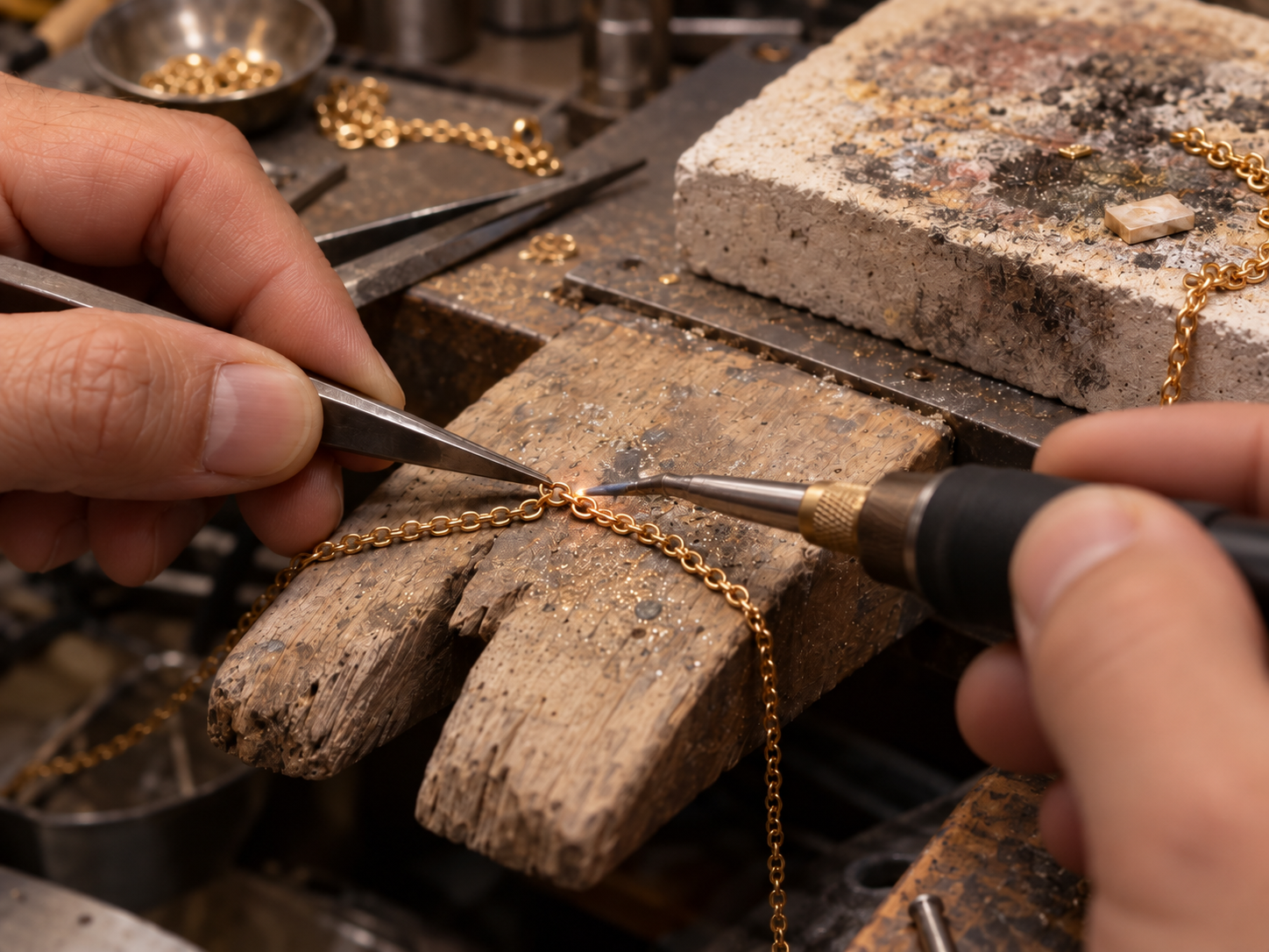 Gold chain being soldered with tweezers and a torch at the jeweler's bench
