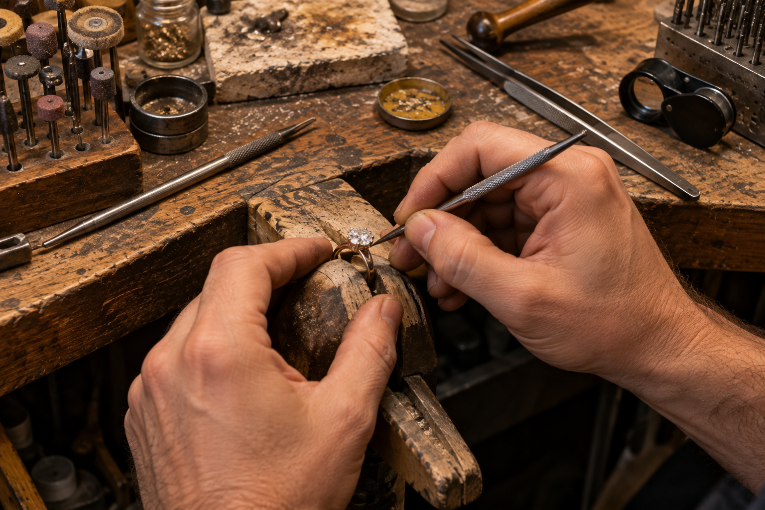 Jeweler setting a diamond solitaire ring at a wooden bench