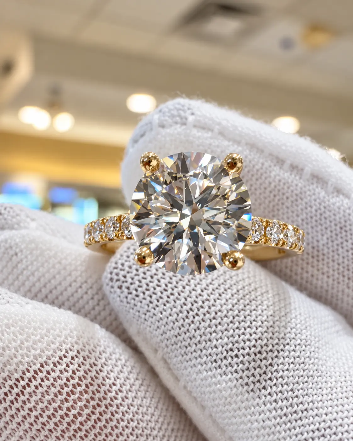 Round diamond engagement ring held in a jeweler's glove inside the store