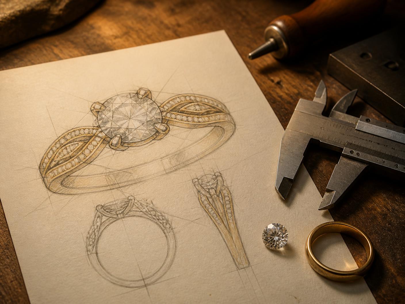 Hand drawn ring design sketch beside a loose diamond and a gold band