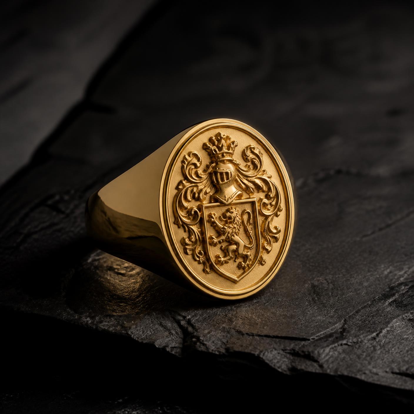 Custom engraved gold signet ring on dark slate