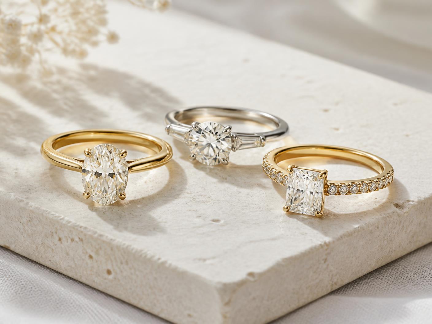 Three engagement rings in yellow gold and platinum on a stone slab