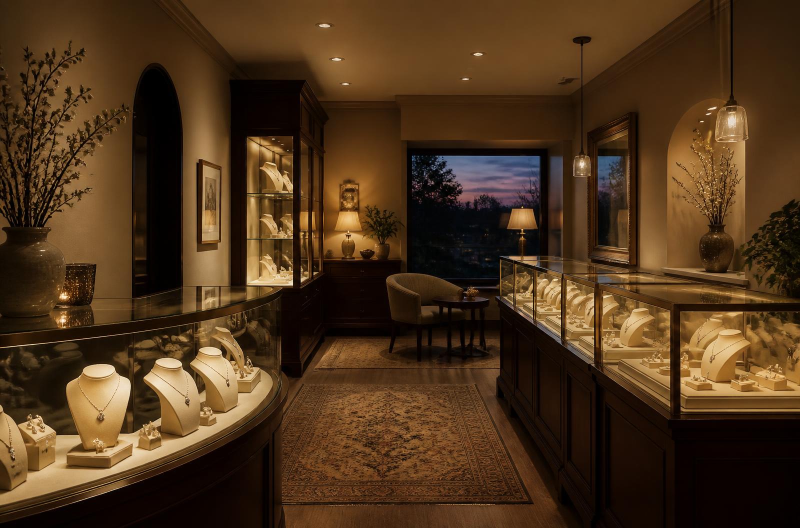 Warmly lit jewelry showroom with glass display cases
