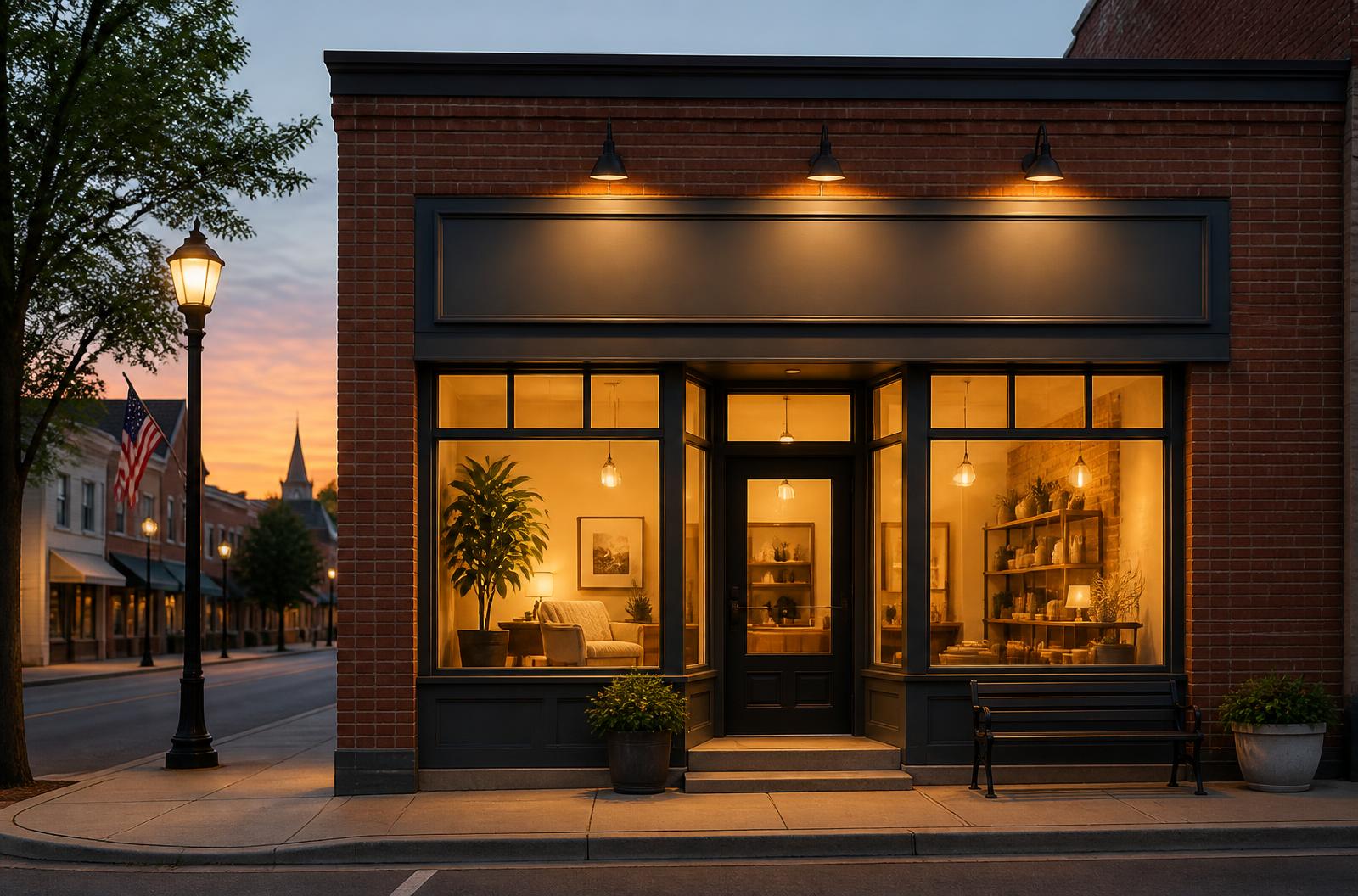 Brick storefront on a small downtown street at dusk